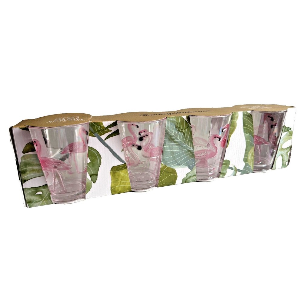 Tommy Bahama Pink Flamingo Acrylic Tumbler Set Of 4 Tropical 15 Oz Each